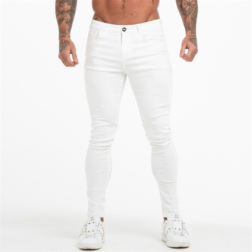 

GINGTTO Jeans White Men Cotton High Waist Pants Stretch Plus Size Summer Men's Elastic 36 zm55 211108
