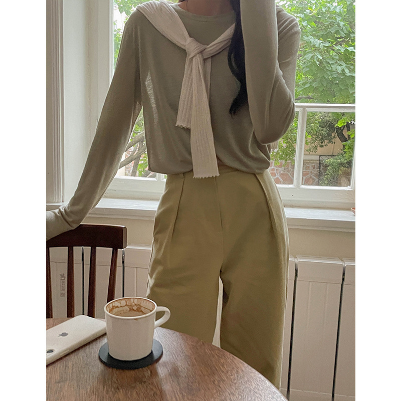 Tops Tees Women's T-Shirt Special Early Autumn 99% Tencel Friendly Round Neck Long Sleeve T-shirt Korean Basic Slim Top 42035
