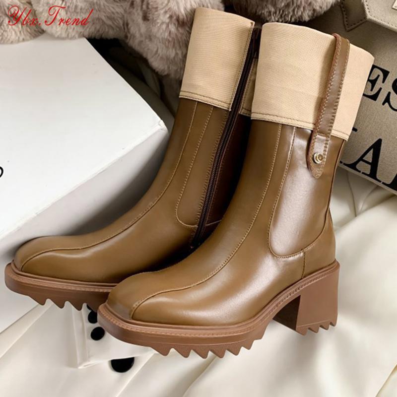 

Boots Fashion Women PU Mid Heel Short Woman Chunky Heels Ladies Shoes Non Slip Zipper Female Boot Footwear 2021 Winter, Black