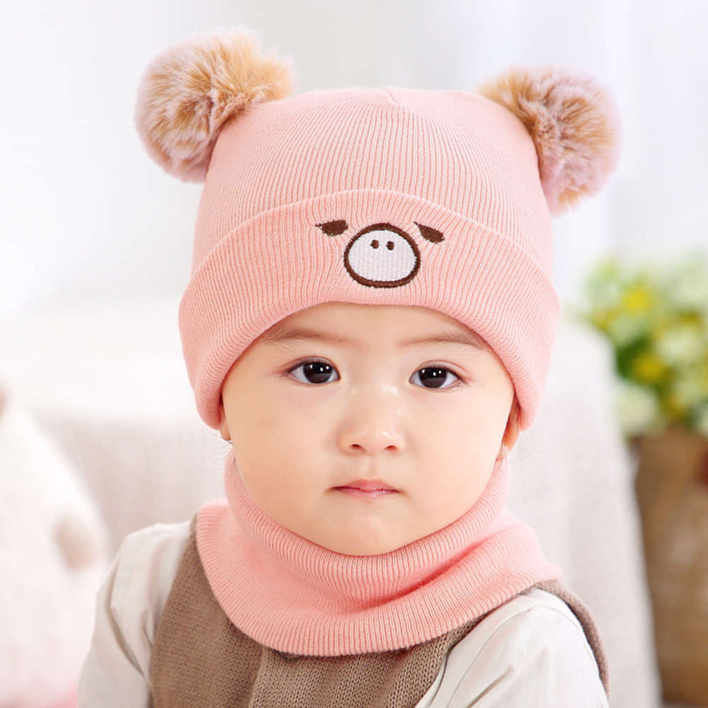 

Baby Hat Scarf autumn winter born boy Korean Edition girl knitting hat woolen pig, Yellow