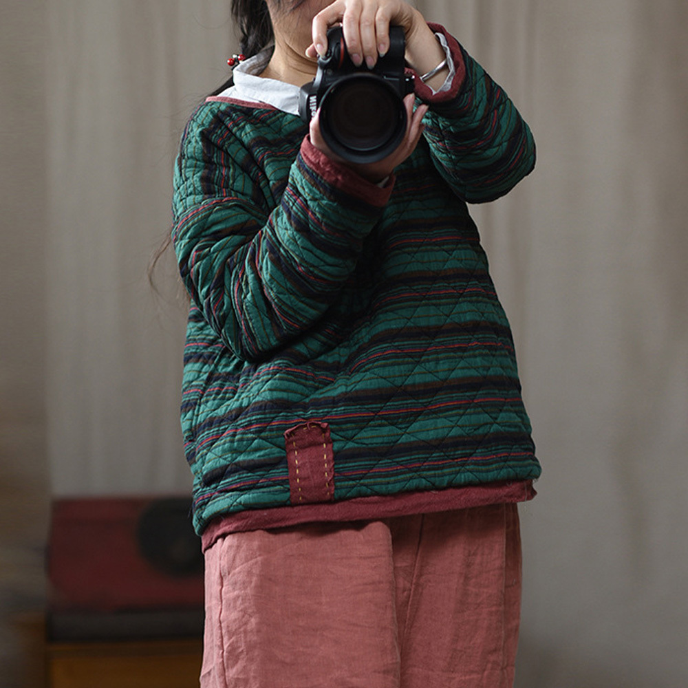 

Johnature Women Fall Pullover Parkas Striped O-Neck Long Sleeve Coats Autumn Green Warm Patchwork Female Parkas Vintage 210521