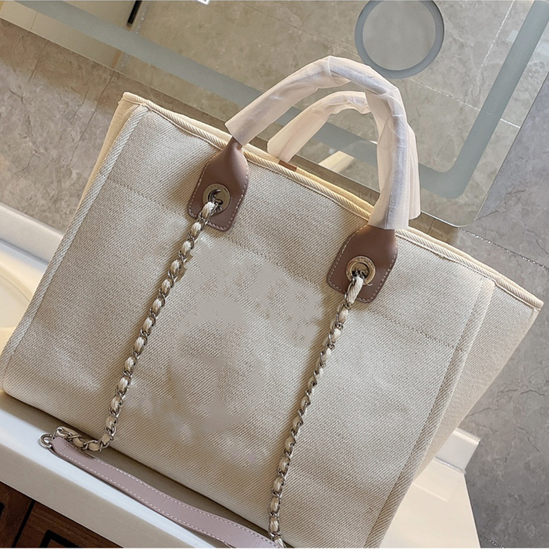 

21S Leisure Classic Should Bags Deauville Ecru Beige Embellished Pearl Canvas Silver Matelasse Chain Large Shopping Saddle 36*26cm 2 Way Cha