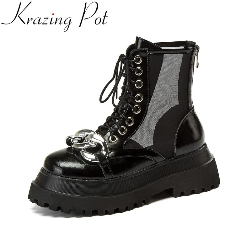 

Boots Krazing Pot 2021 Split Leather High Heels Platform Metal Brand Mature Breathable Zip Concise Office Lady Ankle Summer L05, Black