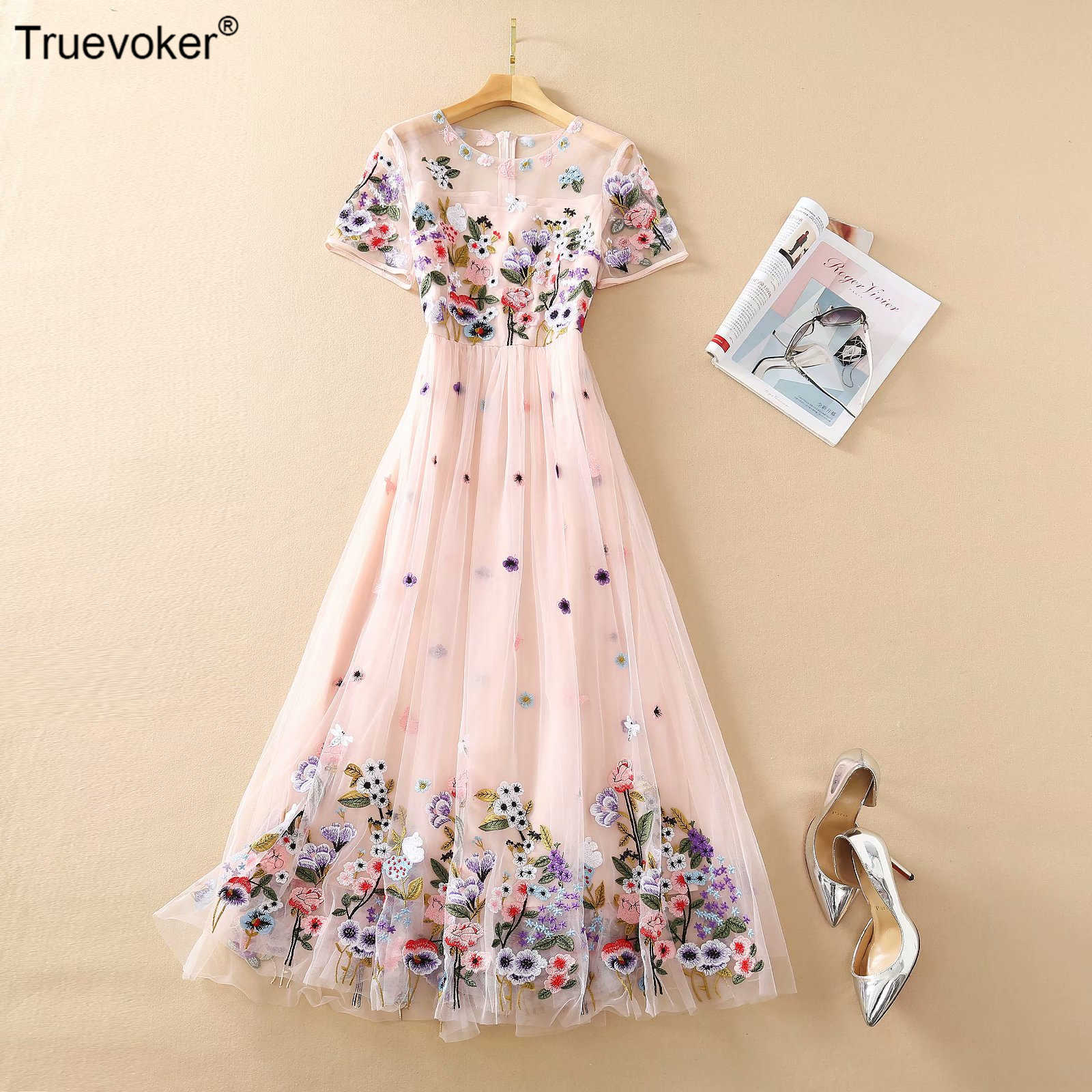 

Truevoker Woman High Street Runway Fashion Embroidery Gauze Party Dress Lady Gorgoues Embroidered Pink Lace Ankle Length Robe 210602