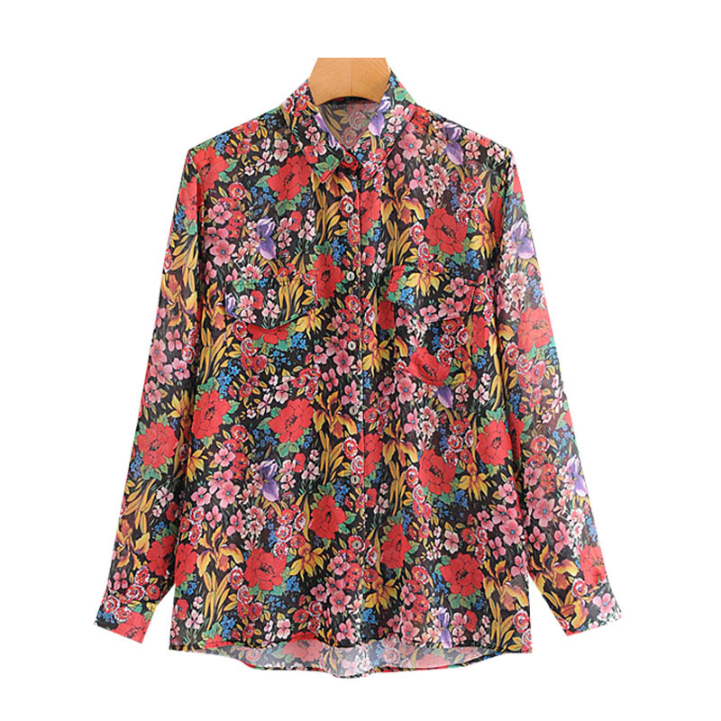 

Women Sexy Fashion Floral Print Button-up Blouses Vintage Long Sleeve See Through Female Shirts Blusas Chic Tops 210521, As picture