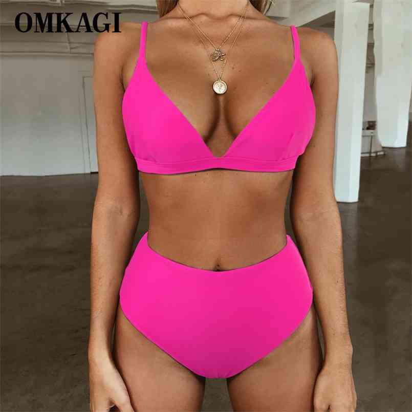 

OMKAGI Bikini Swimwear Swimsuit Women Solid Bathing Suit Green Neno Set With Pad Female High Waist Beachwear Biquin 210708, B3393or
