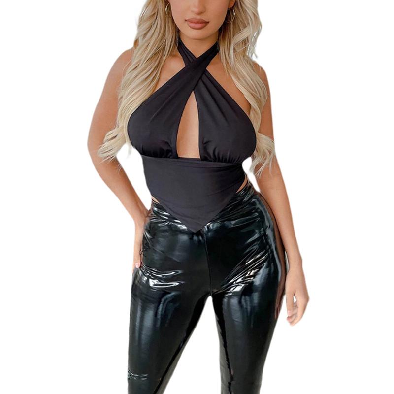 

Women's Tanks & Camis Summer Stylish Sexy Women Close-fitting Hollow Out Vest Black Solid Color Halter Neck Sleeveless Tops S/ / L, White