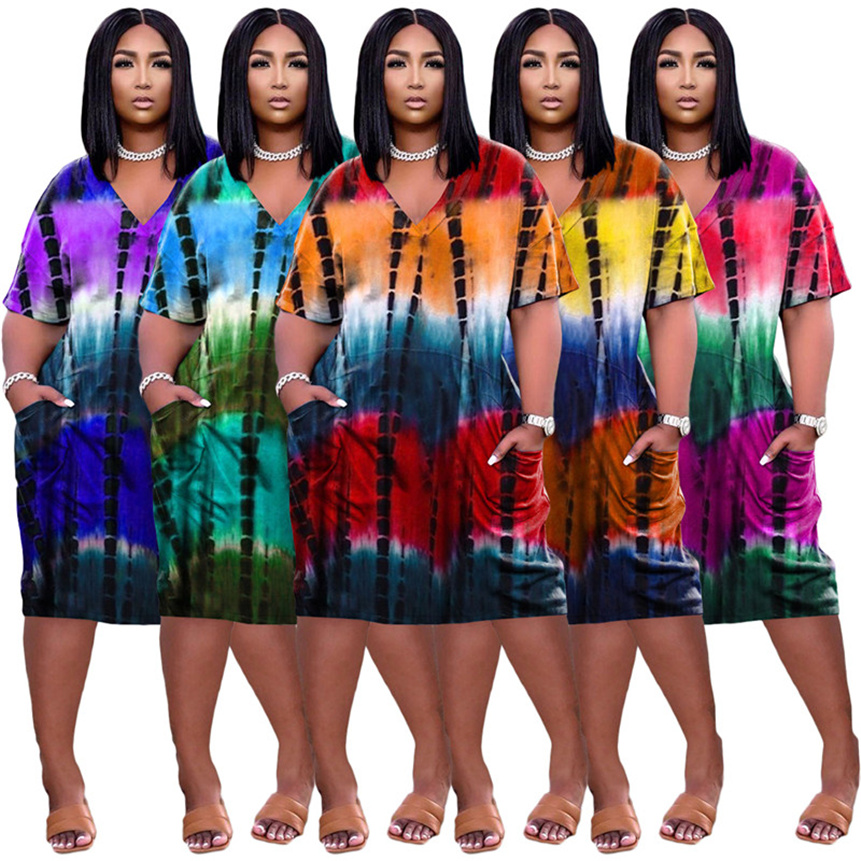 

Plus size 3XL Women tie dye dresses v neck short sleeve maidi skirts summer clothing fashion five colors female casual loose dress 4881, Mix color