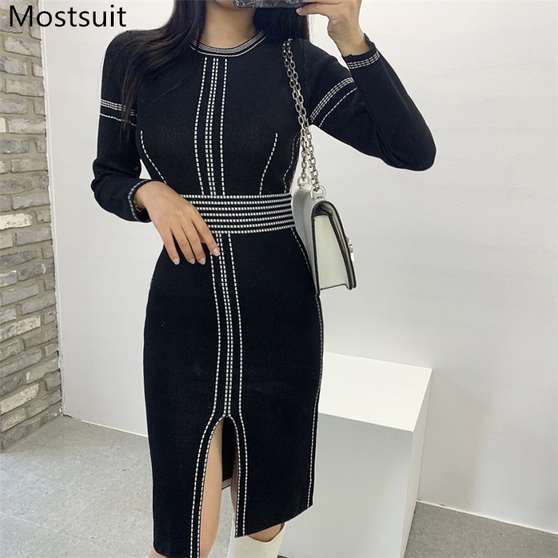 

Color-blocked Knitted Women Pencil Dress Spring Full Sleeve O-neck Splitting Dresses Korean Elegant Female Vestidos Femme 210518, Black