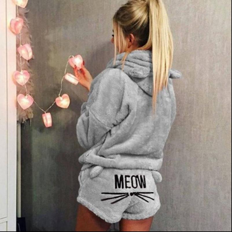 

winter flannel pajamas set women sleepwear cute bear hooded warm coral fleece hoodie short tow 2pcs suit, Black;red