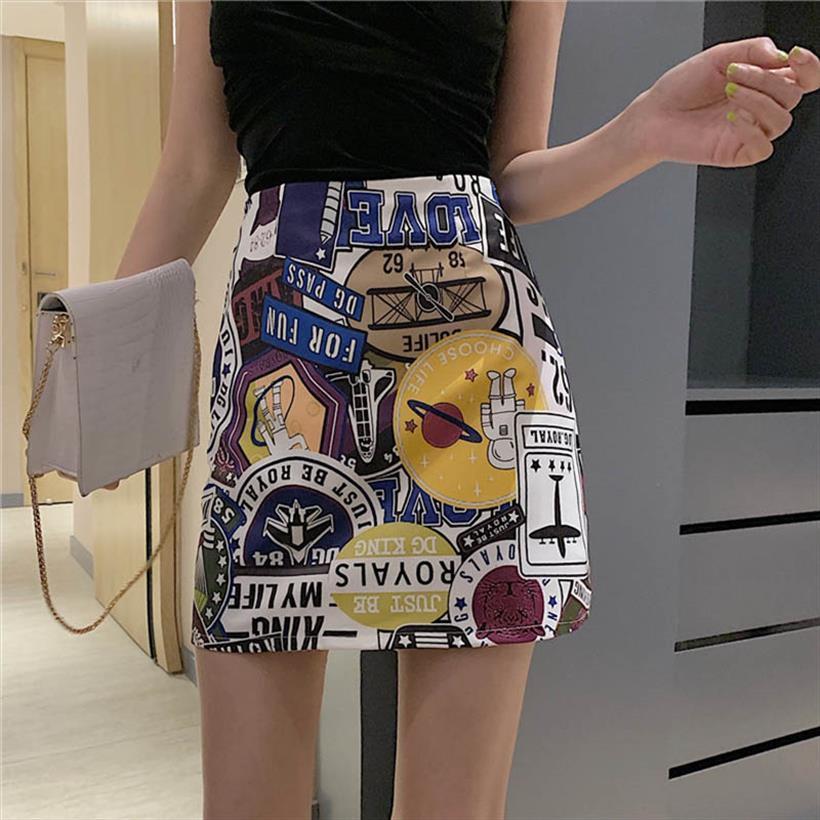 

graffiti print mini summer funny womens skirts high waist pencil gothic warp with lining hippy korean vintage slim fit v628, Black