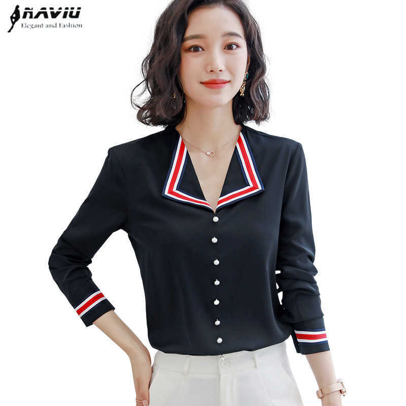 

Fashion Black Shirt Women Autumn Loose Temperament Retro Long Sleeve Chiffon Blouses Office Ladies V Neck Work Tops 210604
