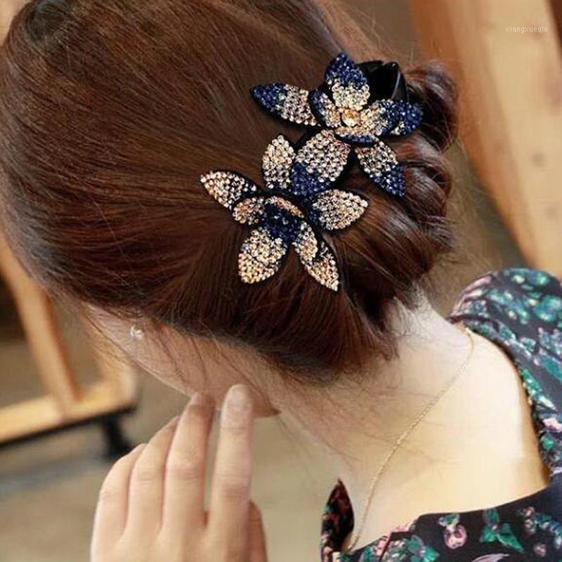 

Hair Clips & Barrettes Rhinestone Double Flower Clip Crystal Combs Female Elegant Beads Hairgrip Handmade Fashion Accessories Tools, Golden;silver
