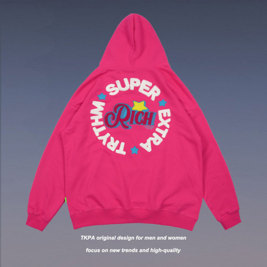 

Tkpa Guochao br hooded sweater for men women autumn and winter towel embroidered Harajuku high street loose couple coat, Black