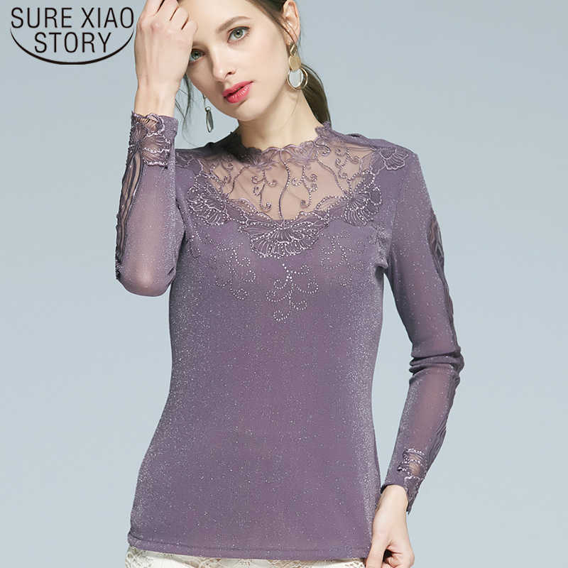 

Spring Autumn Half High Collar Lace Bottom Shirts Women Long Sleeve Hollow Solid Women Blouses and Tops Plus Size 6637 50 210527, Dark brown