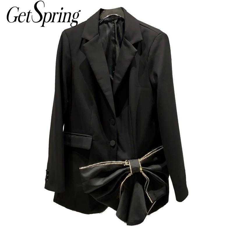 

GetSpring Women Blazer Bow Suit Single Breasted Long Sleeve Ladies Black Coat Women's Slim Jacket 210601