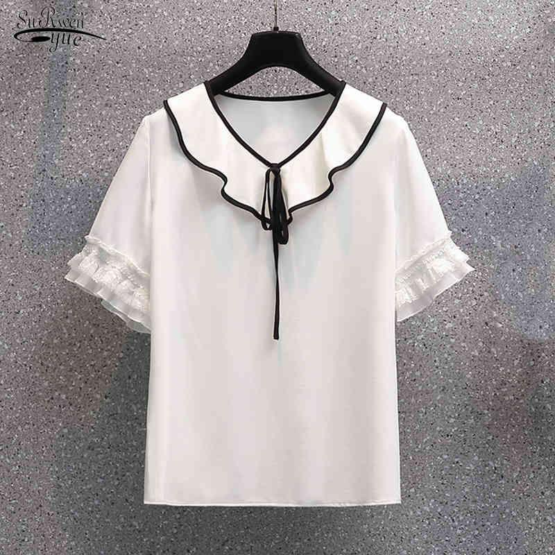 

Summer Elegant Ruffle V-neck Short Sleeve Chiffon Blouse Women Korean Loose Slim Fit Tops Chemisier Femme 14266 210521, White