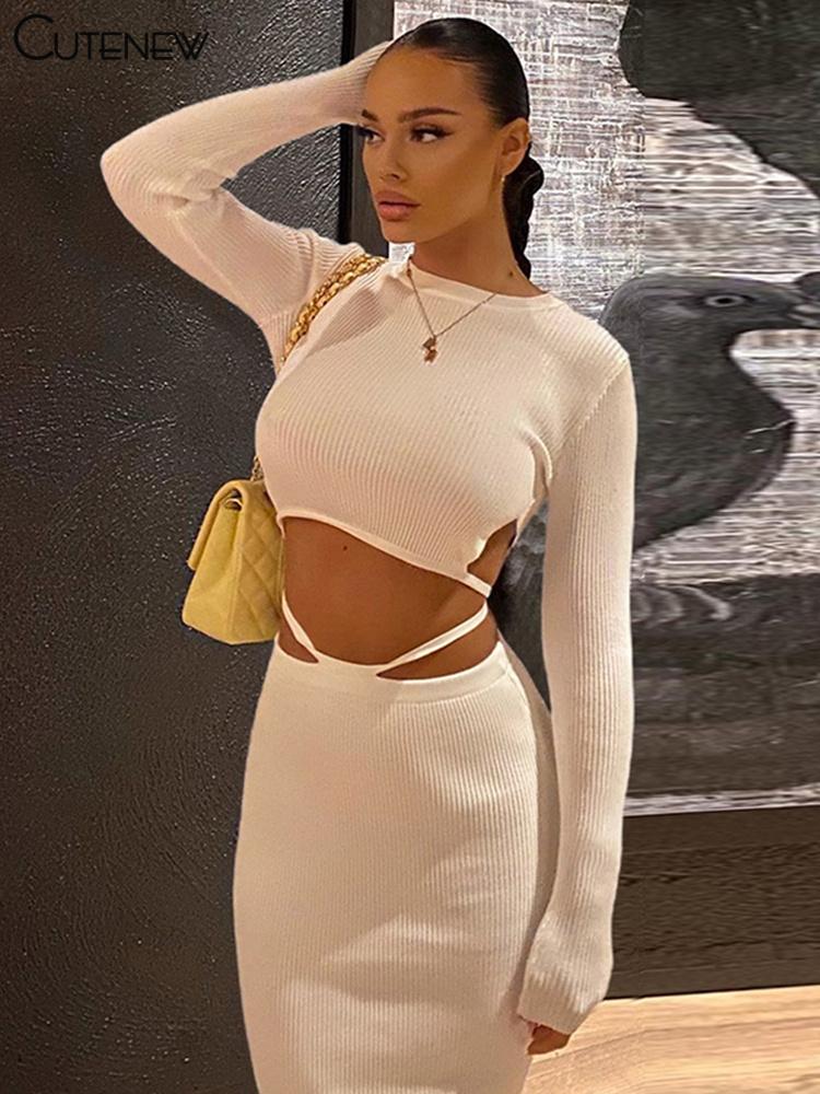 

Work Dresses Cute Elegant Casual Two Piece Set Women Outfits Knitted Long Sleeve Crop Top+Bandage Slim Skirt Matching Lady High Streetwear, White;black