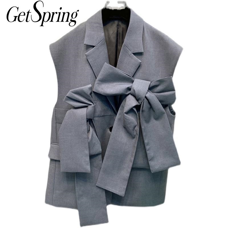 

GetSpring Women Vest Bow Decoration Ladies Waistcoat Womens Jackets Fashion Woman Tops Spring Autumn Waistcoats 210601, Gray