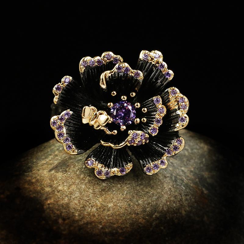Cluster Rings Exquisite Creative Blooming Flowers Stop Butterfly Ring Black Gold 925 Silver Jewelry Luxury Purple Shiny Zircon Ladies-image-701951083