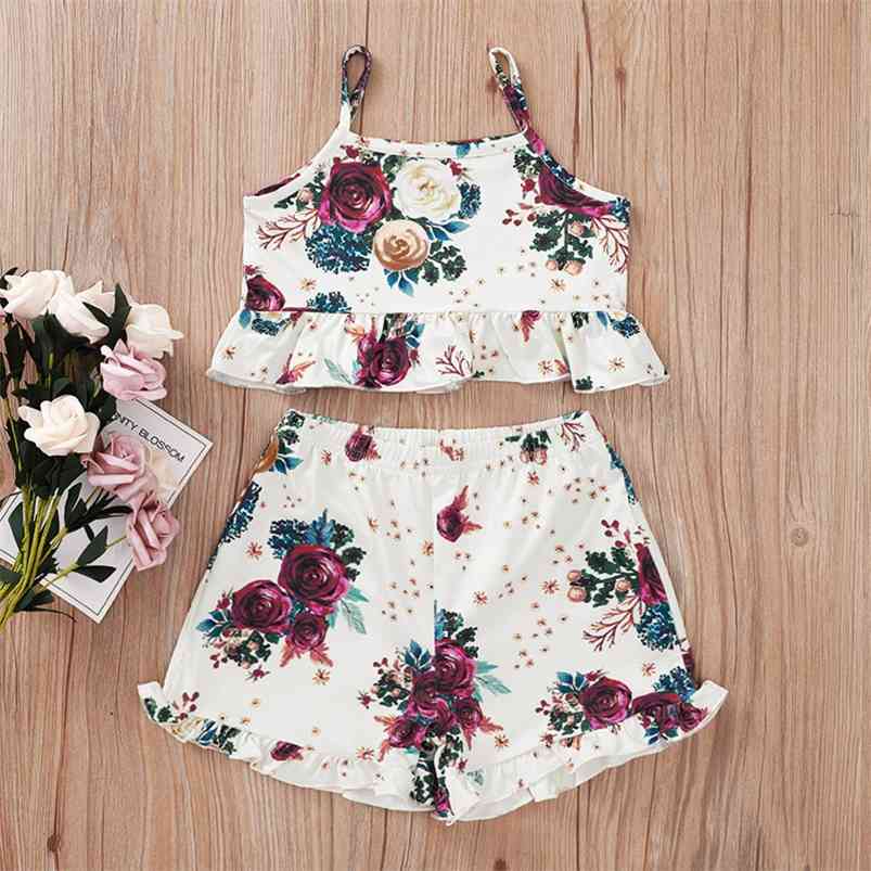 

Summer Infant Rompers Clothes Strap Print Floral Tops Ruffles Short Pants Cute Girls 2 pcs Sets Baby Costume 1-5T 210629, White