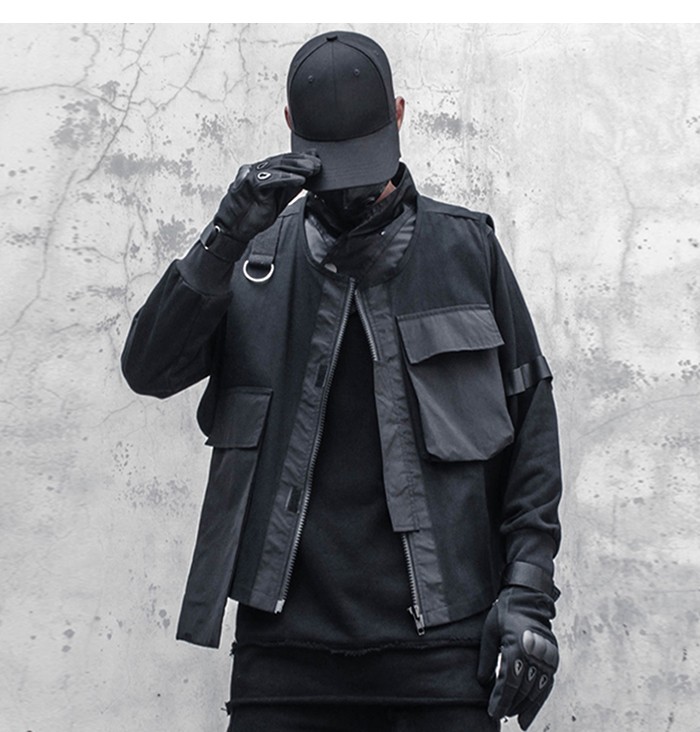 

Hip Hop Men Sleeveless Cargo Vests Streetwear Irregular Pockets Zipper Jacket Techwear Waistcoat Outwear BLACK COOL