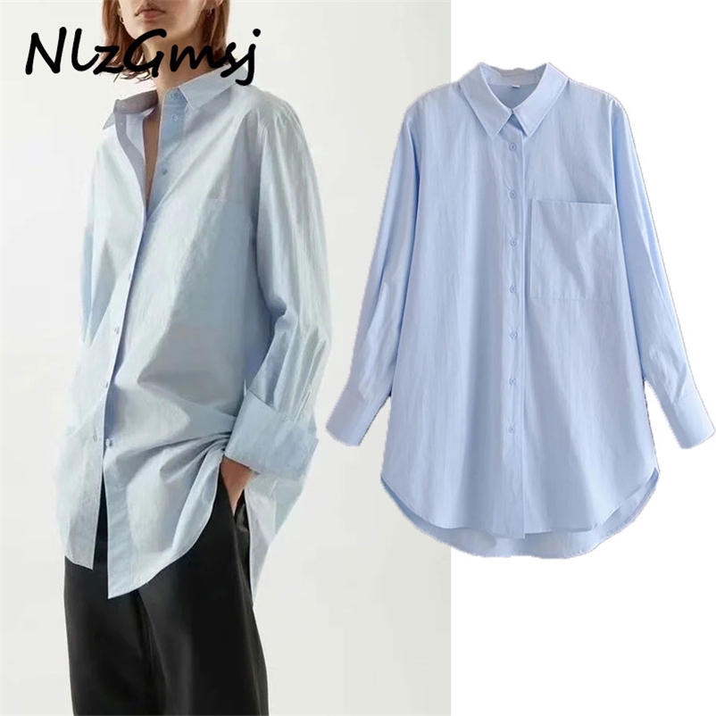 

Women Oversized Blue Long Shirts Sleeve Solid Elegant Casual Female Tops Blouses 210628, As picture