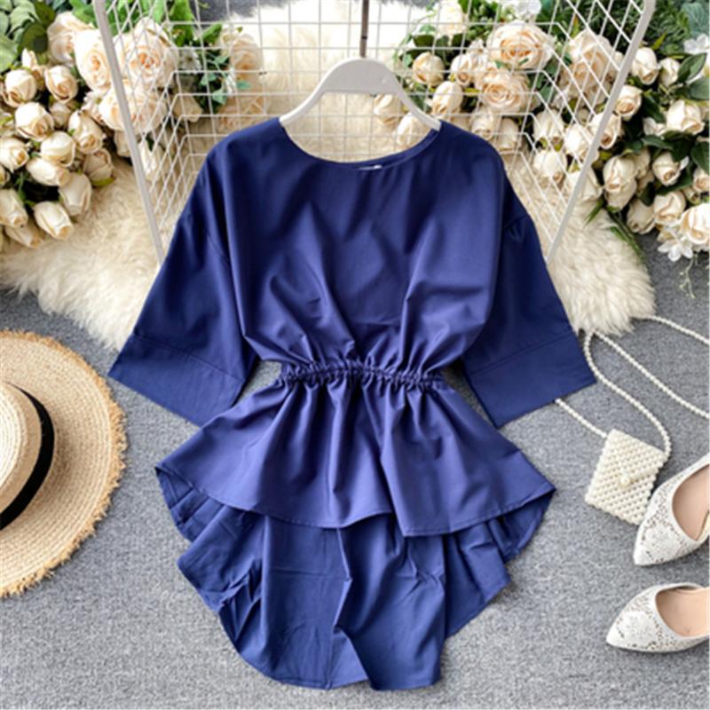 

Women's Blouses & Shirts Irregular Slim Waist Short-sleeved Shirt Women Blouse 2022 Spring Summer Solid Color Round Collar Loose Thin Tops P, White