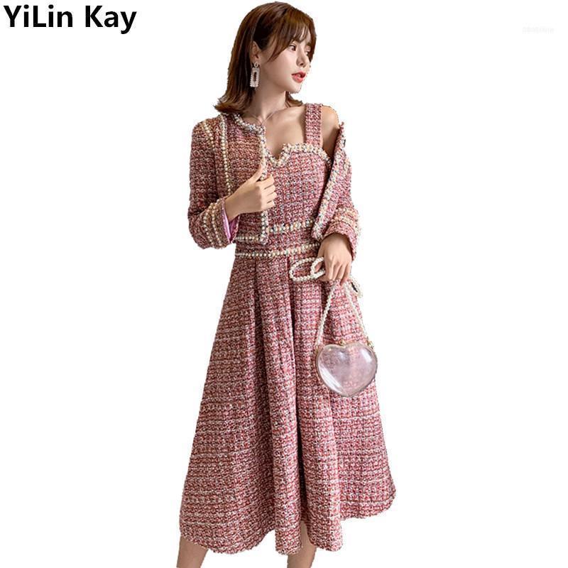 

Autumn Winter Women's Shiny Red Tweed Wool Jacket Tank Vest Dress Twinset Ladies Small Suit Woolen Beading Dresses 2 Sets1, Gray