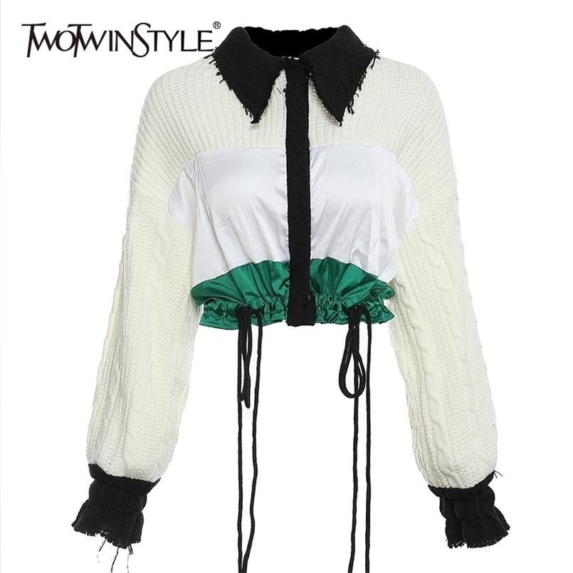 

Vintage Patchwork Hit Color Coat For Women Lapel Long Sleeve Drawstring Short Knitting Jacket Female Fall 210524, Aspicture