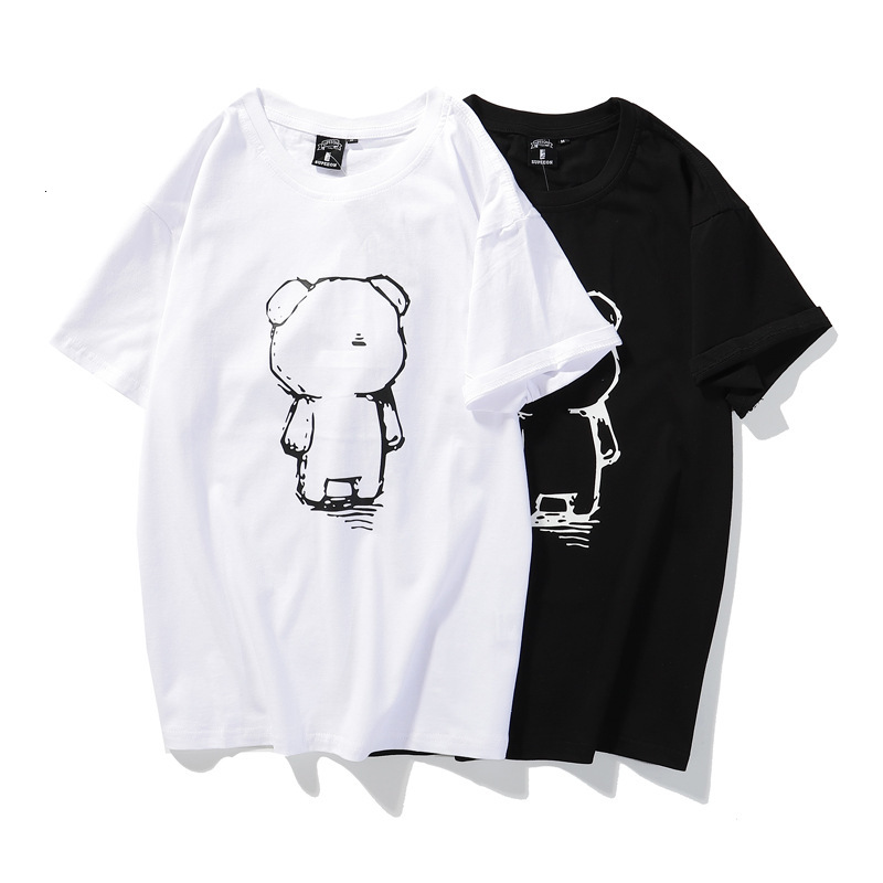 

t shirt bear boys' short sleeve big size ins brand chic bottom 5-point korean loose personality trend, White;black