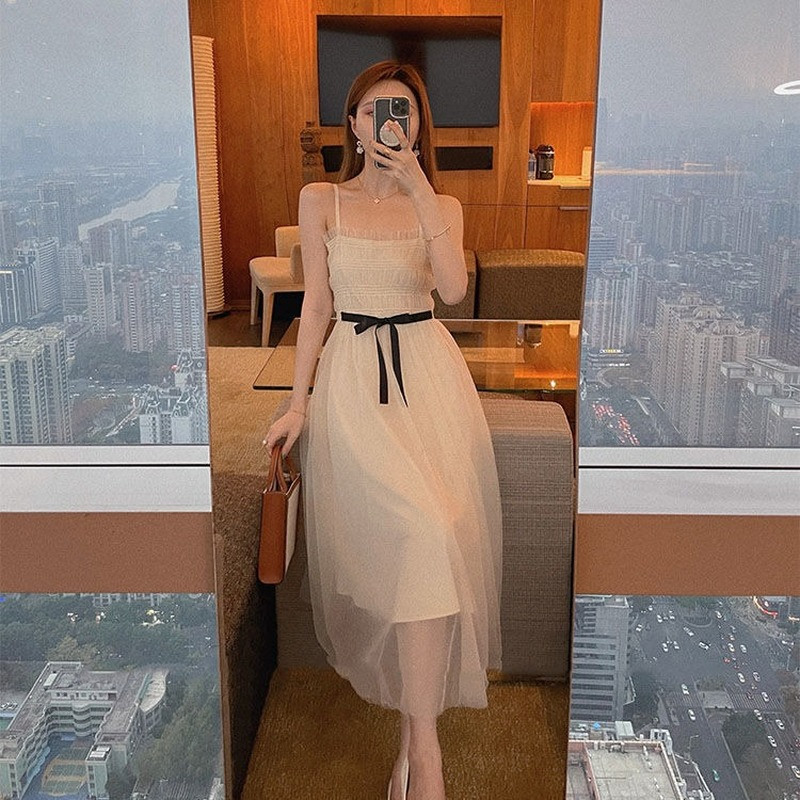 

Summer Elegant Strap Dress Women Solid Lace Princess Vintage Female Sweet Party Office Lady Sexy Vestidos 210517, Apricot