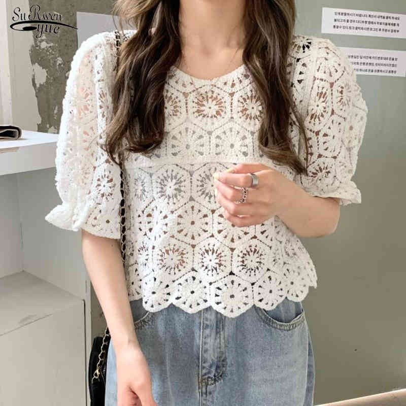 

Vintage Summer Tops Women Blusas Mujer De Moda Retro Perspective Lace Blouse Puff Sleeve Hollow Out Shirt Female 14346 210521, White