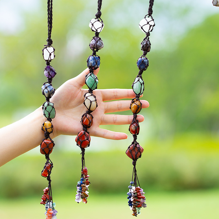 

Weave Natural Stone 7 Chakras Healing Energy Tassel Wall Hanging Seven Chakra Set Car Pendant for Decoration Home Meditation Decor Jade Amethyst Tiger Eye