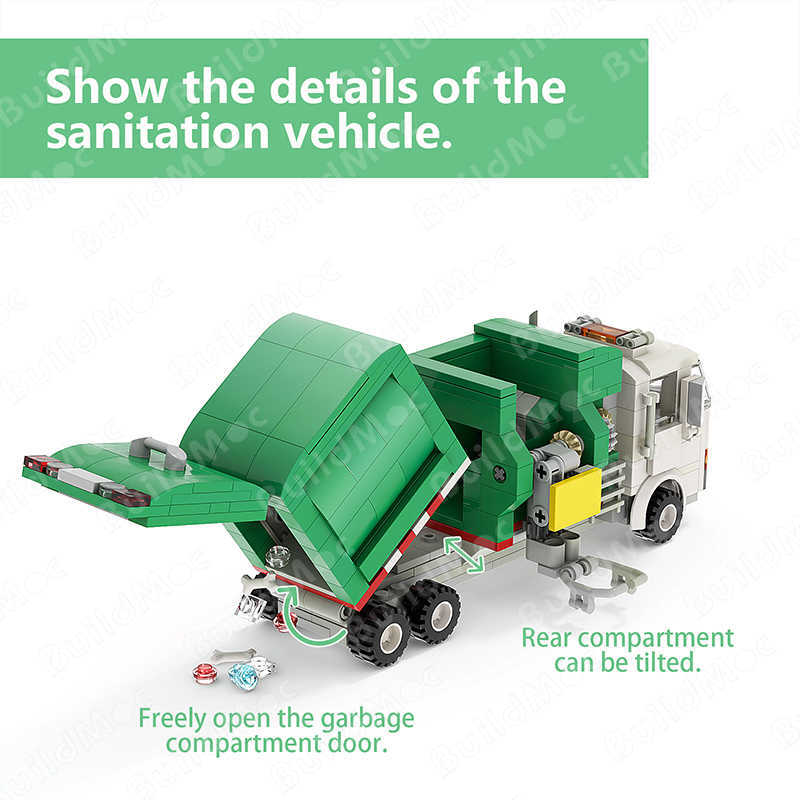 

BuildMoc high-tech Green White Car Garbage Truck City Cleaner Children Diy Toy Building Blocks birthday Gift Model Set Y0808