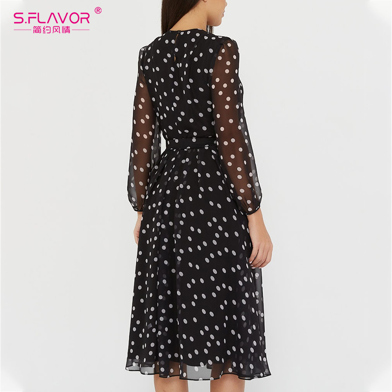 

2021s.flavor vintage dot printing women 2021 spring chiffon dress summer fashion casual dress boho beach women a-line vestidos, Black;gray