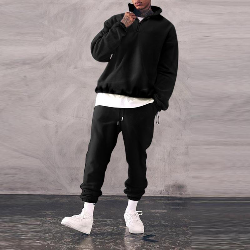 

Men's Hoodies & Sweatshirts Set Men Winter Warm Fashion Jogger Tracksuit Solid Stand Collar Sweatshirt Casual 2 Pieces Sports Suits, Black