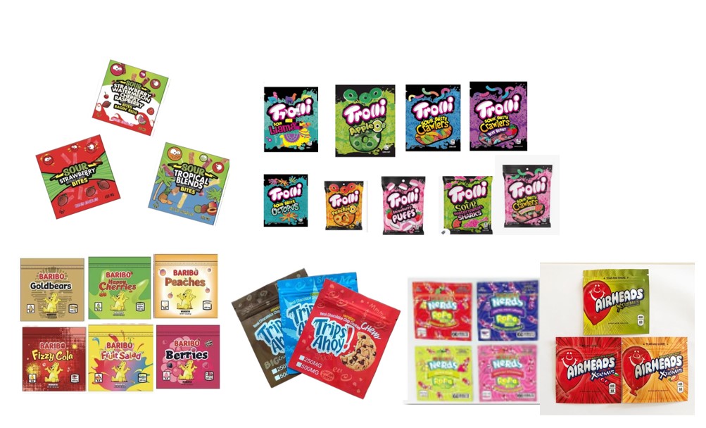

Empty Edibles Packaging Bag Jolly Rancher Airheads Warheads BariboTrolli Trilli bites 600MG Gummies Candy Mylar Bags Medicated Chewy Cubes