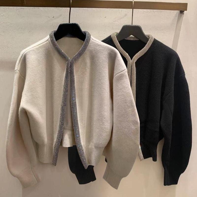 

Women's Knits & Tees 2021 Autumn Winter Rhinestone Decoration Women O-Neck Knit Cardigans Loose Ladies Long Sleeve Sweater Coat Female Outwe, White