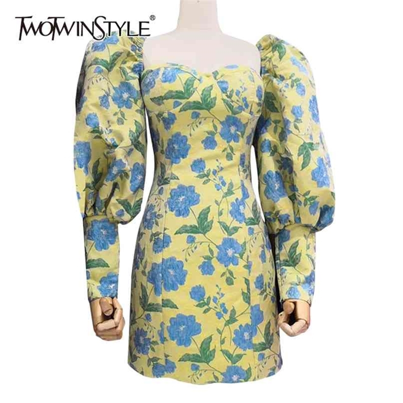 

Print Floral Hit Color Women Dress Square Collar Puff Sleeve High Waist Mini Elegant Dresses Female Fashion 210520, Blue