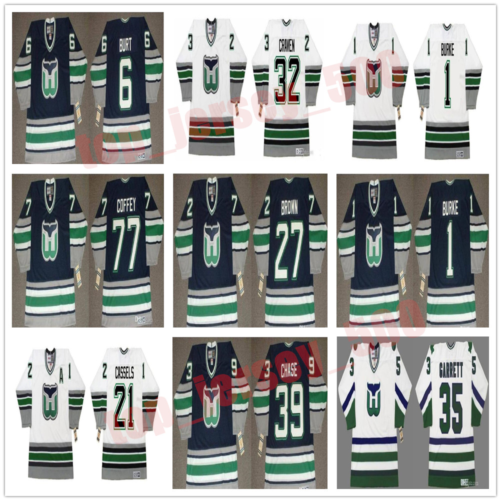 

Vintage Hartford Whalers Jerseys 39 KELLY CHAS 6 Burt 1 SEAN BURKE 40 PIETRANGELO 92 JEFF O'NEILL 12 TIM KERR 47 Giguere 27 BROWN CCM Hockey, As shown in illustration