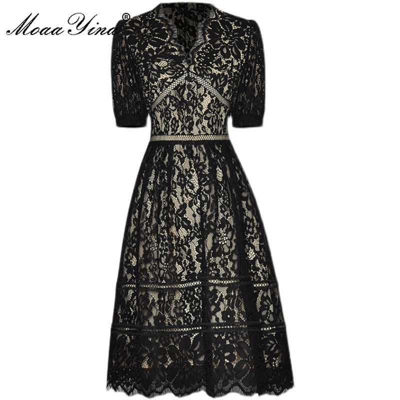 

Fashion Designer Summer Sexy Lace Dress Women's V-neck Short sleeve Black/Red Hollow out Party Mini 210524