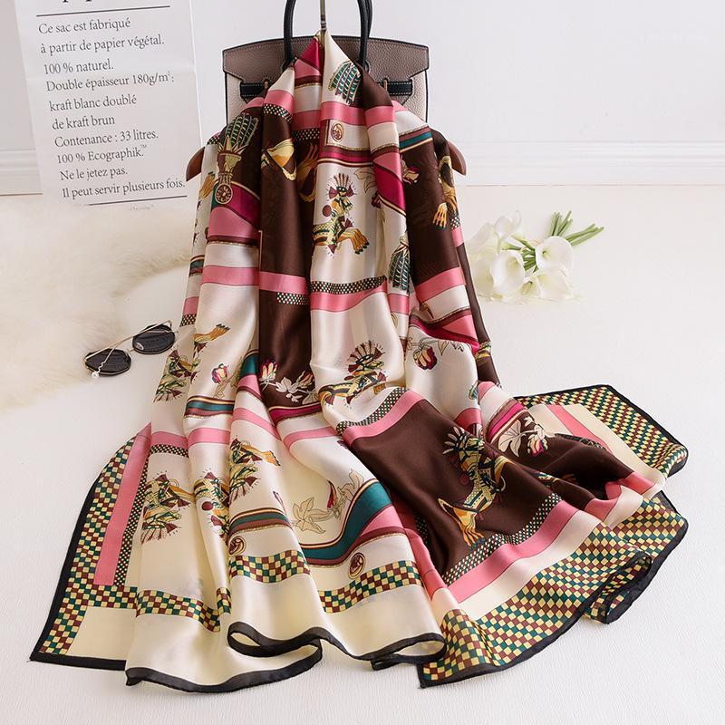 

Scarves 2021 Korean Style Carriage Print Bufanda Beach Stole Lady Wraps 180X90CM Silk Scarf Luxury Foulard Hijab Shawls