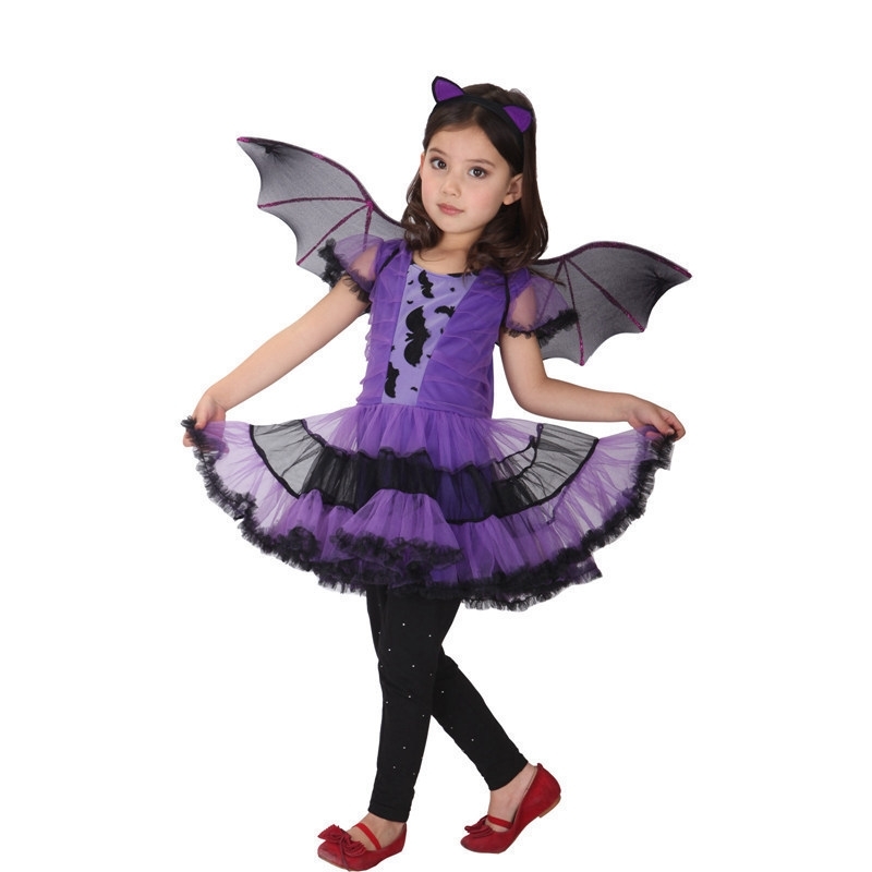 

Halloween role ball children's purple bat wing witch gauze dress stage performance Dress Set, Black;red