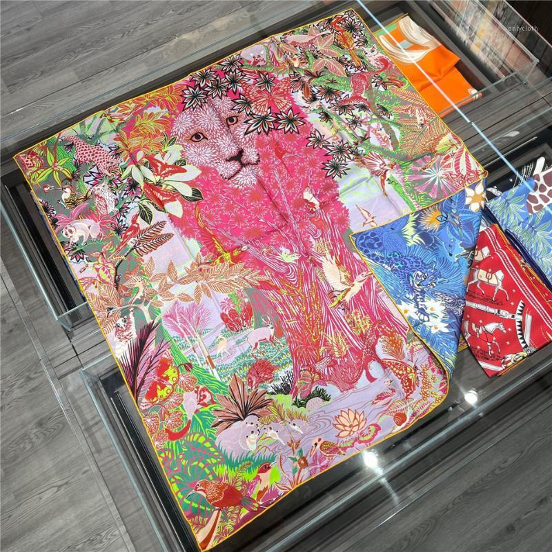 

Scarves 90cm Double Sided 100% Real Silk Scarf Brand Design Jungle Lion Natural Square Shawl Women Hijab Bandana Kerchief
