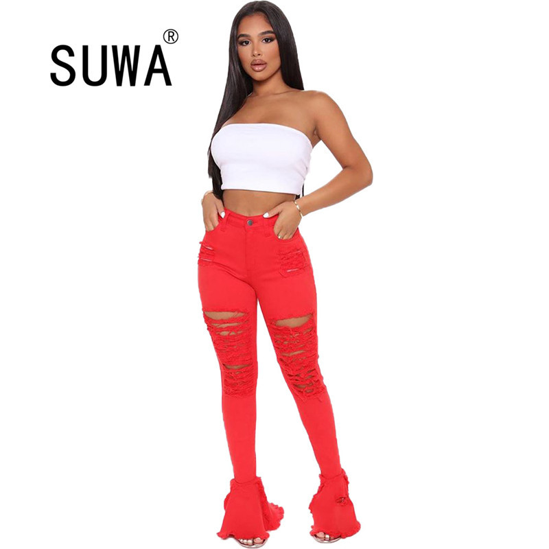 

Vintage Women Hollow Out Denim Pants Retro Solid Ruffles Tassel Hem Wide Leg Hole Jeans Ripped Flare Trousers Thick Jogger 210525, Black