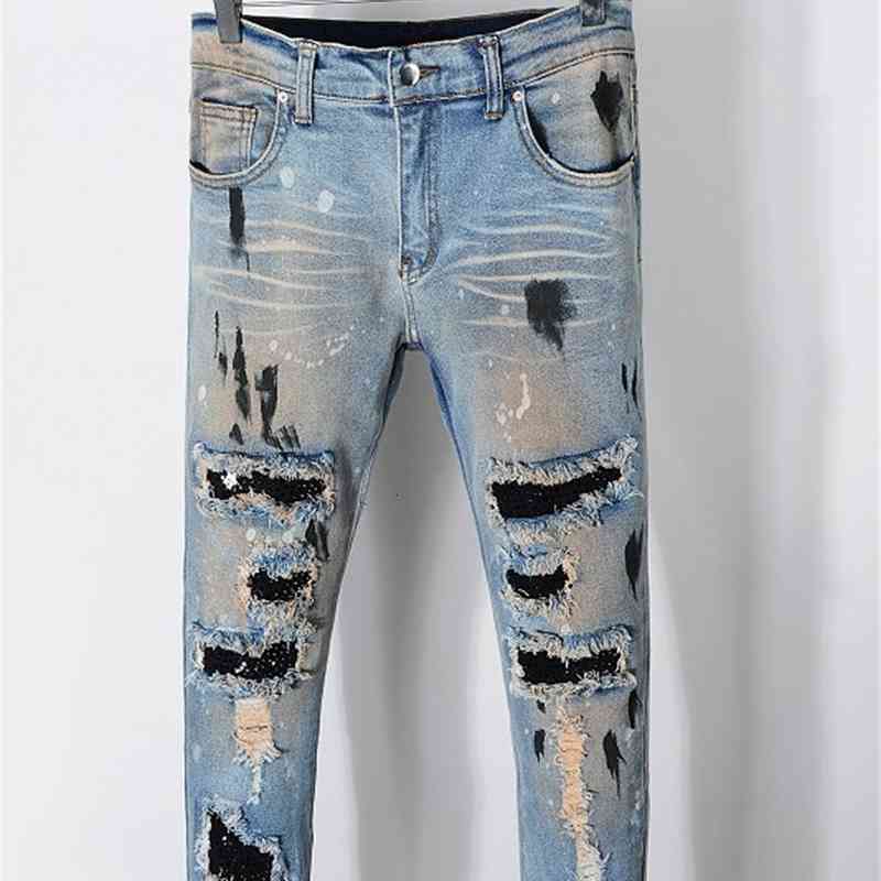 

men's jeans brand of vintage blue jeans men hip hop torn thin hole patched washed man's jean patches 86nq