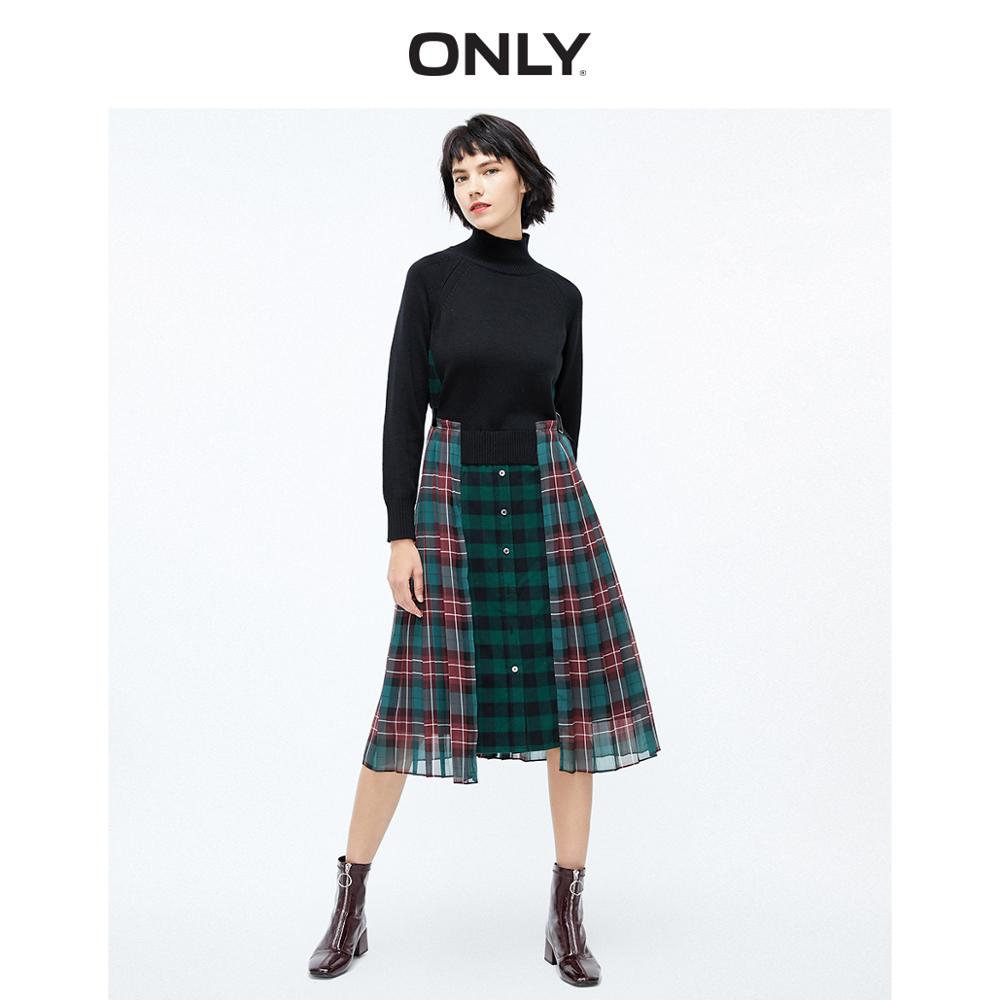 

only womens plaid knitted pleated spliced high-neck dress 119407513, Black;gray