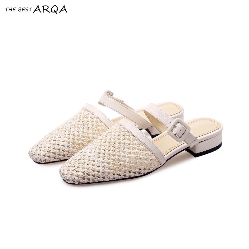 

Summer Women's Mesh Woven Hollow Sandals Genuine Leather Buckle Flat Thick Heel Slippers Square Toe Ladies Shoes, Black