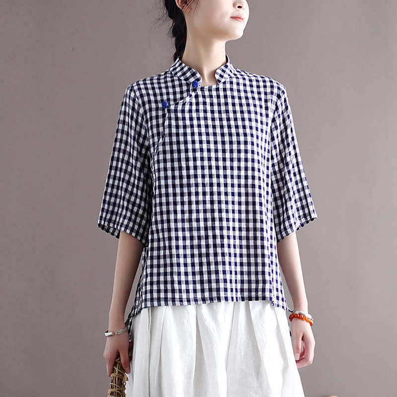 

Johnature Women Plaid Blue Shirts And Tops Stand Vintage Blouses Summer Cotton Linen Clothes Button Seven Sleeve Shirts 210521